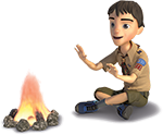 Cartoon of a Cub Scout named Ethan sitting next to a campfire.